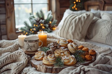 A warm winter morning unfolds with freshly baked cinnamon rolls, a cup of hot cocoa, and glowing candles, all set on a rustic table in a cozy cabin adorned with seasonal decor