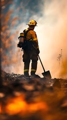 Naklejka premium Firefighter at Edge of Wildfire Scene
