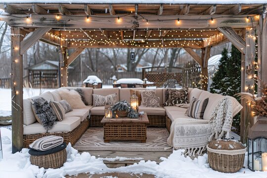 A beautifully arranged outdoor seating area features plush cushions and warm throw blankets, surrounded by snow. Soft lights create a cozy atmosphere perfect for winter gatherings