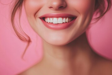 Obraz premium Close-up photo portrait of woman smiling mouth lips teeth isolated on pastel pink colored background with generative ai