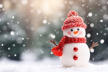 Christmas winter smiling happy snowman frosty snow new year celebration holiday cute decoration greeting december eve face funny white snowball with scarf hat carrot xmas festivity shiny flakes smile
