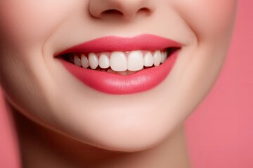 Fototapeta premium Close-up photo portrait of woman smiling mouth lips teeth isolated on pastel pink colored background with generative ai