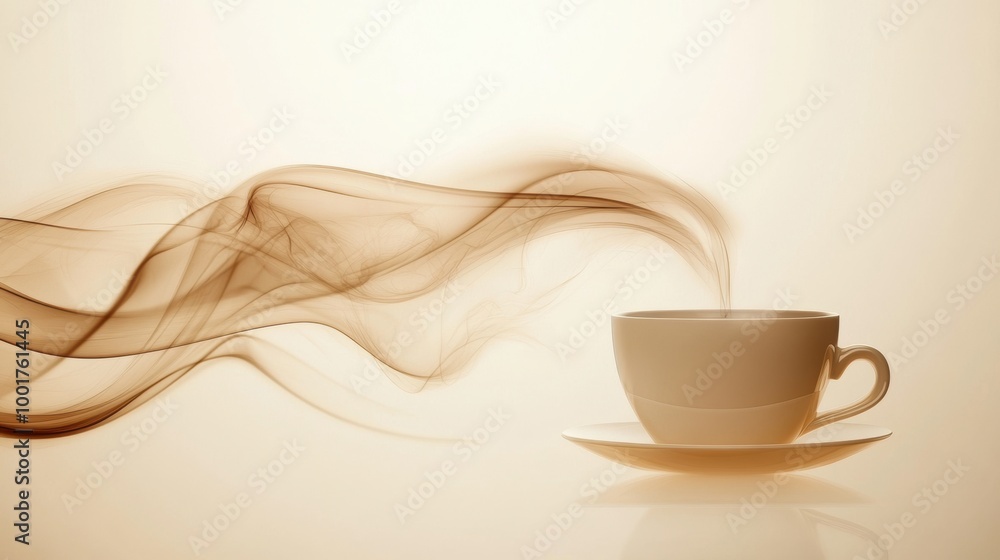 Poster swirling steam elegantly rises from an unseen coffee cup, creating an abstract dance in the warm amb
