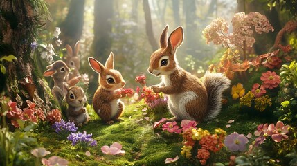 Charming Forest Scene with Cute Rabbits