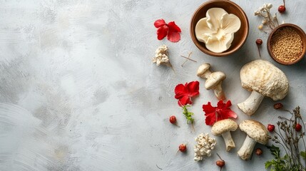 Gourmet mushrooms and spices laid on a textured background