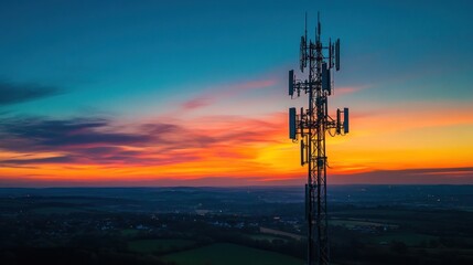 Cell Tower Silhouette Against a Vibrant Sunset