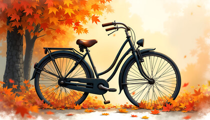 Obraz premium Vintage autumn bicycle watercolor painting with colorful leaves, warm golden hour lighting