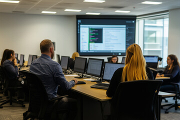 Fototapeta premium Hands-On Training: A Call Centre Training Session with Agents at Their Desks, Learning New Skills and Best Practices