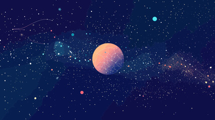 Abstract New Year Ball in Starry Sky with Planet and Universe Elements, Minimalist Christmas Vector Concept, Space Wireframe Illustration for Festive Design and Holiday Projects