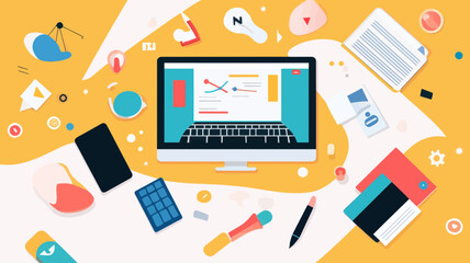 Flat Style Desktop Banner with Office Icons for Business and Productivity Concepts, Top View Workspace Illustration with Computer, Documents, and Stationery