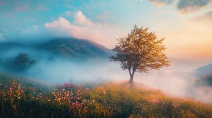 Fototapeta premium A misty mountain covered in fog, with a lone tree and vibrant grasses swaying in the sunlight, set against a stunning realistic nature scene