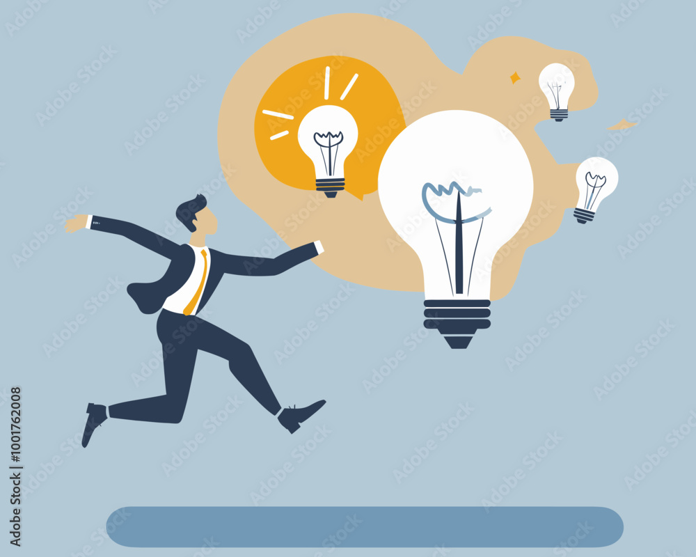 Poster business transformation and innovation concept: smart businessman leaping towards new lightbulb idea