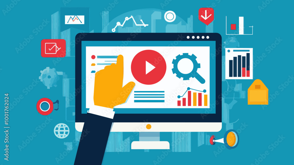 Poster hand touching seo icon on computer screen with web analytics data, charts, and graphs, seo optimizat