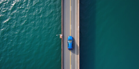 A passenger car drives over a connecting road over a bridge over water on the coast, coastal road by the sea