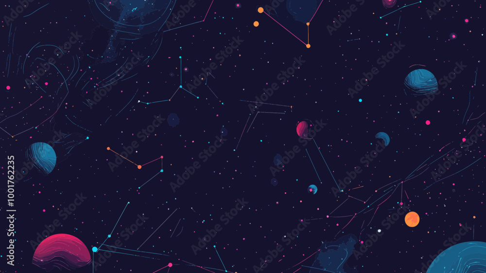 Poster abstract cyber attack starry sky vector - hacker activity illustrated as space with planets and cons