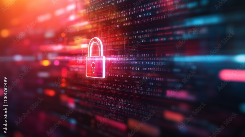 Poster a vibrant digital illustration showcases a transparent padlock icon surrounded by symbols of technol