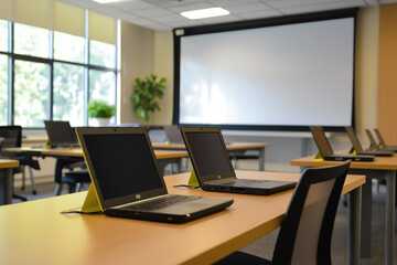 Fototapeta premium Effective Agent Training: A Call Centre Training Room with Desks, Laptops, and Presentation Equipment for Comprehensive Learning