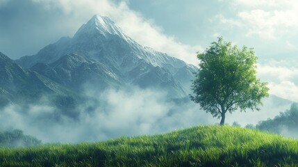 Fototapeta premium Beautiful mountain shrouded in fog with a solitary tree and vibrant green grasses illuminated by the sun on a serene, realistic background