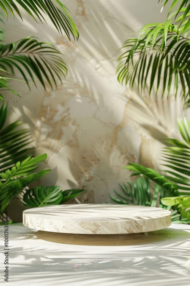 Poster a serene display of natural textures and shapes in a lush green tropical setting with soft shadows a