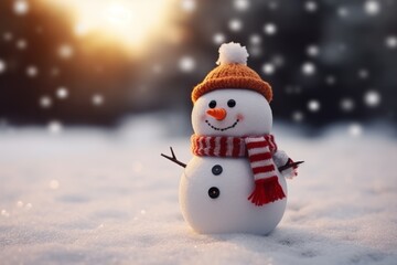 Obraz premium Christmas winter smiling happy snowman frosty snow new year celebration holiday cute decoration greeting december eve face funny white snowball with scarf hat carrot xmas festivity shiny flakes smile