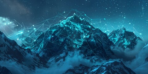 Fototapeta premium Futuristic mountain scene with glowing geometric lines and starry sky, representing digital landscapes and technology