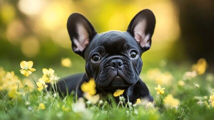 Fototapeta premium Adorable French Bulldog Puppy in a Field of Flowers