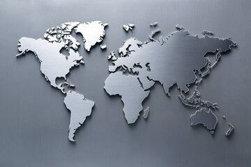 A shiny metallic world map is mounted on a plain wall showcasing continents in a sleek modern design reflecting light softly