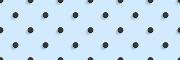 Hockey puck seamless pattern with simple sports symbols. Ice hockey vector print. Winter sporting repeated wallpaper for activity designs, fancier backdrops. Simple outdoors banner.