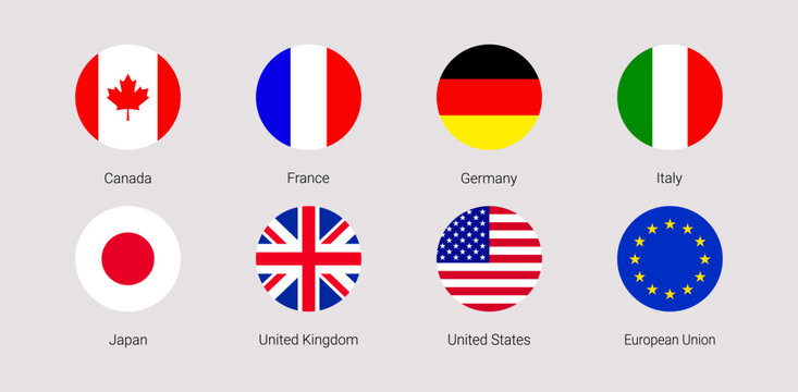 The Group of Seven flag vector illustration. G7 and EU rounded flags icons with members countries names. USA, France, Germany, Italy, Japan, United Kingdom, EU simple stickers. geometric signs.