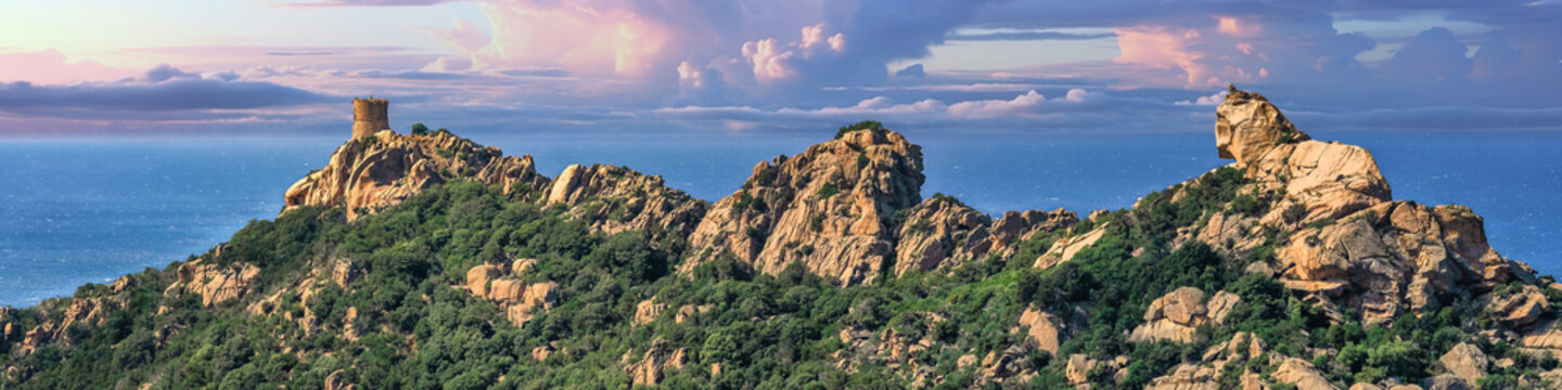 panoramic view of the coast roccapina on the island corsica, french - famous stone lion and ancient watch tower