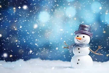 Christmas winter smiling happy snowman frosty snow new year celebration holiday cute decoration greeting december eve face funny white snowball with scarf hat carrot xmas festivity shiny flakes smile