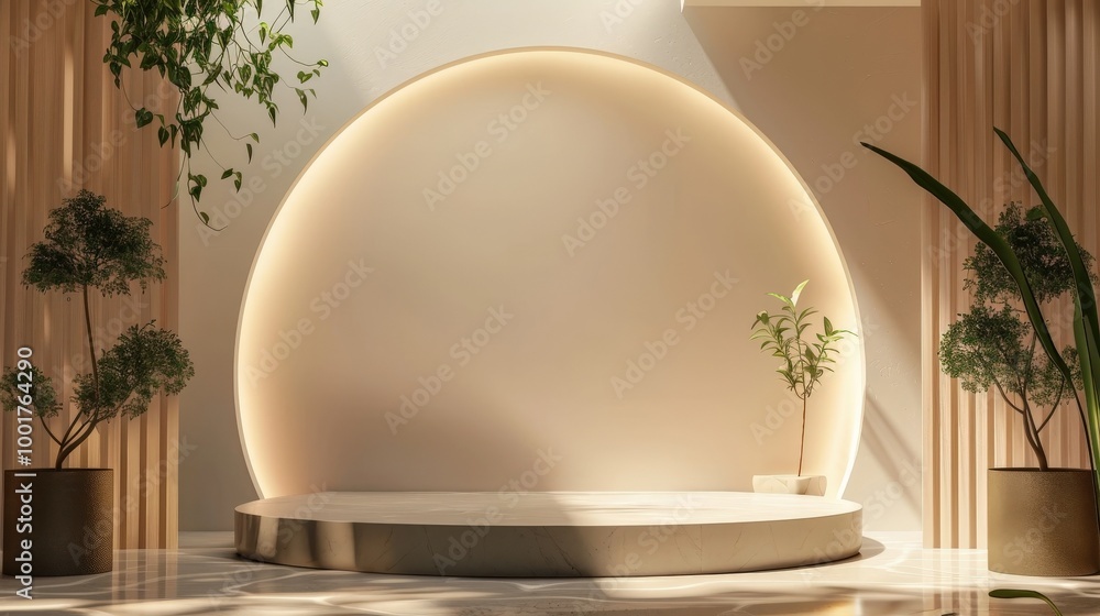 Poster serene minimalist space with soft lighting and greenery in a modern interior design setting. generat