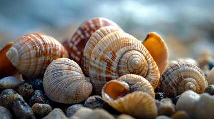 Close-up of seashells on pebbled beach shore