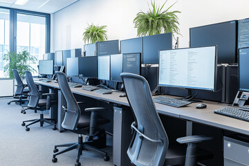 Fototapeta premium Flexible Call Centre: A Modern Call Centre with Adjustable Desks, Multiple Monitors, and Ergonomic Seating for Employee Comfort
