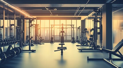 Spacious Gym Interior with Weight Equipment at Sunset