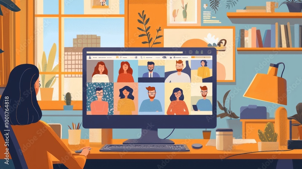 Poster remote worker participates in a virtual meeting interacting with multiple colleagues displayed on a 