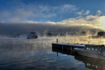 Skjærhalden, Kirkøy, Hafen, Boot, Schnee, Eis, Raureif, Nebel, Reif, vereist, Winter,...