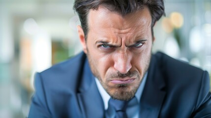 Fototapeta premium Close-up portrait of a man in a suit, looking angry. His brow is furrowed and his eyes are narrowed, creating an intense expression.