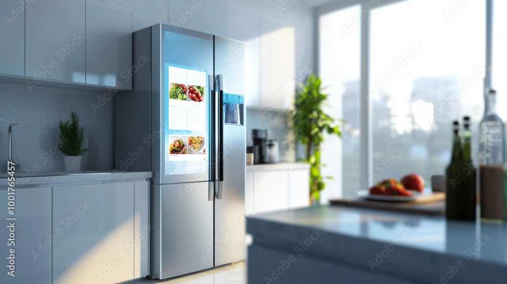 Poster smart refrigerator features a digital display of a shopping list and meal recipes set in a sleek con