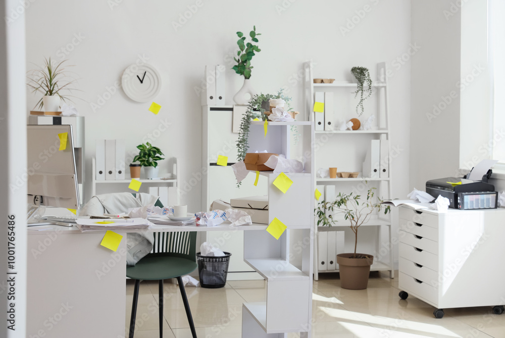 Sticker Interior of messy office with workplace, shelf units and sticky notes