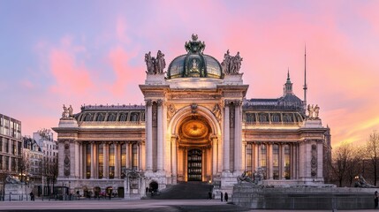 Naklejka premium A grand architectural building with ornate details and a golden dome stands against a pink and purple sunset sky.
