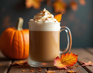 This image features a delicious autumn drink in a transparent glass, topped with whipped cream and a sprinkle of spices. Next to the drink is an autumn leaf in warm shades of orange and yellow.