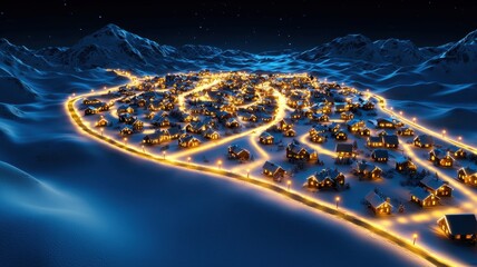 Winter Wonderland: Panoramic Snow-Covered Mountains Over Cozy Christmas Village with Copy Space