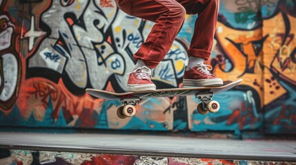 Naklejka premium Skater mid-air above graffiti-covered wall, red pants, vibrant colors.