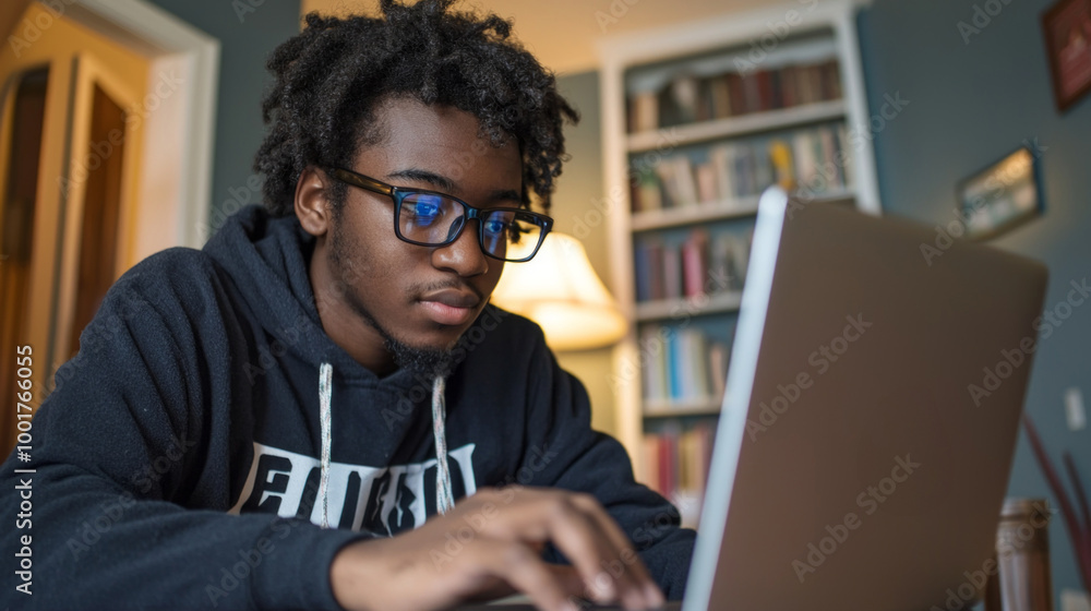 Poster student is attentively participating in a virtual class working on a laptop in a well lit home study