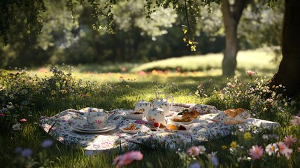 Fototapeta premium Romantic Picnic Scene in Serene Nature Setting