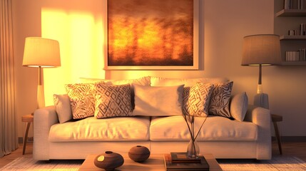 Cozy Living Room with Plush Sofa and Warm Lighting