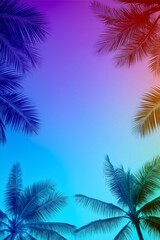A beautiful image showcasing silhouettes of palm trees against a vivid gradient sky, blending shades from blue to purple to orange. Perfect for a tropical, calming ambiance.