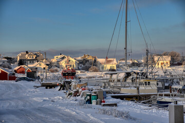 Vikerhagen, Hafen, Norwegen, Winter, Schnee, Eis, vereist, Kälte, Boote, Schiffe, Ort, Dorf,...