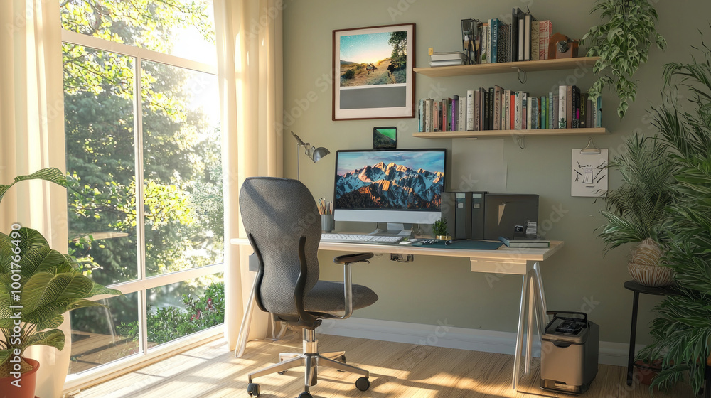 Poster teacher engages students in a virtual class from a home office utilizing a professional setup with a